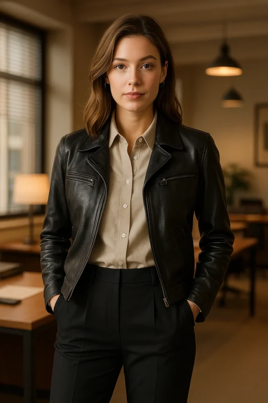 Smart occasional commission outfit giving prominence to a leather jacket over a formal shirt accompanying tailor-made pants