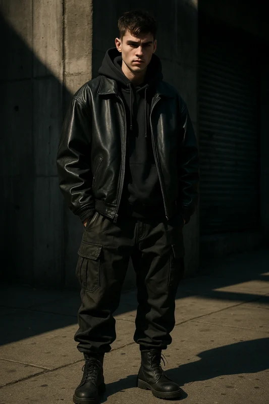 Streetwear outfit accompanying bulky leather jacket, hoodie, and baggage shorts
