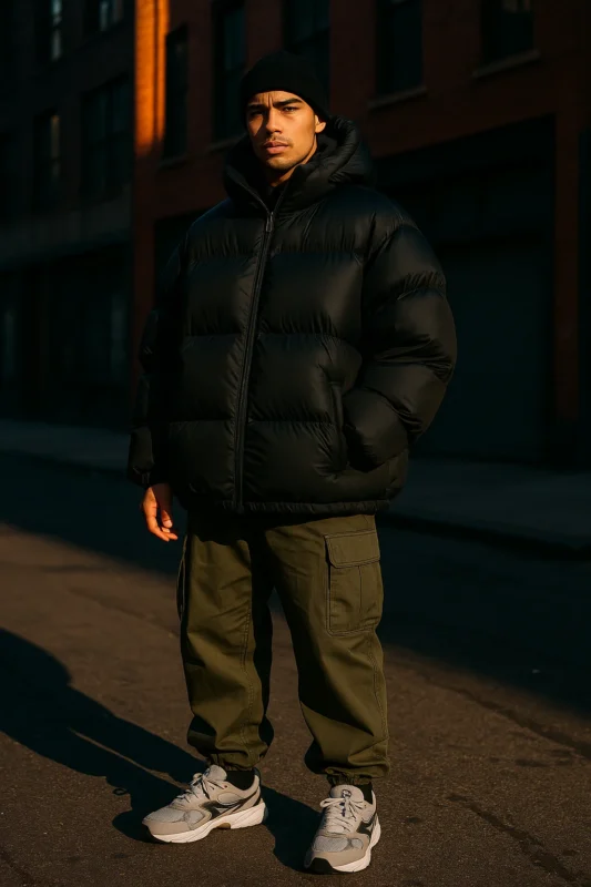 Men's streetwear puffer jacket set against an urban winter background with cargo pants and sneakers.