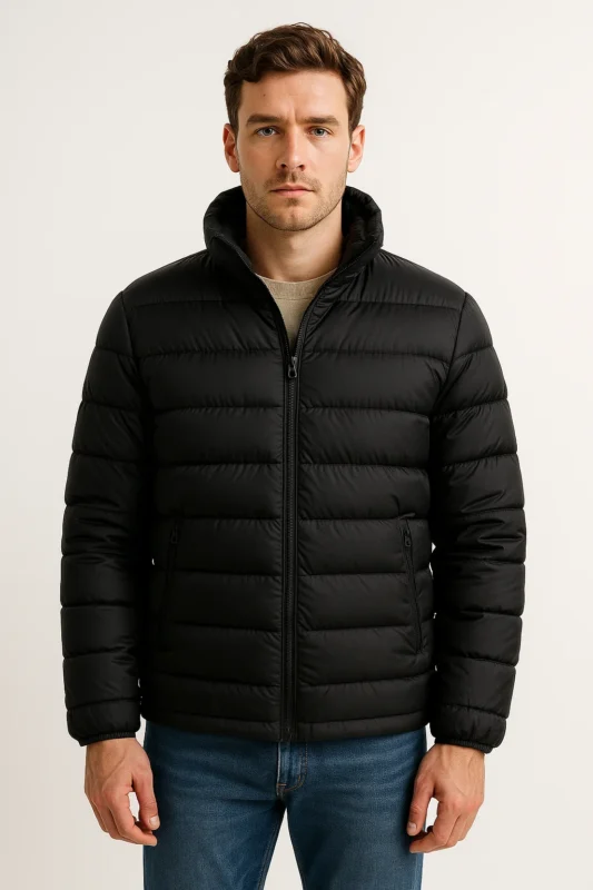 An e commerce front studio photo of a men's puffer jacket against a white background.
