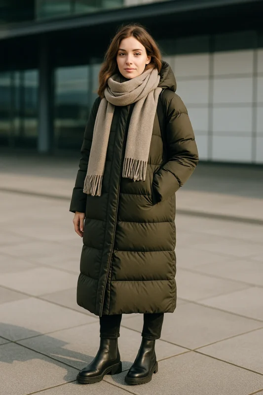 Wear a large puffer jacket, boots, and scarf for a metropolitan travel style.