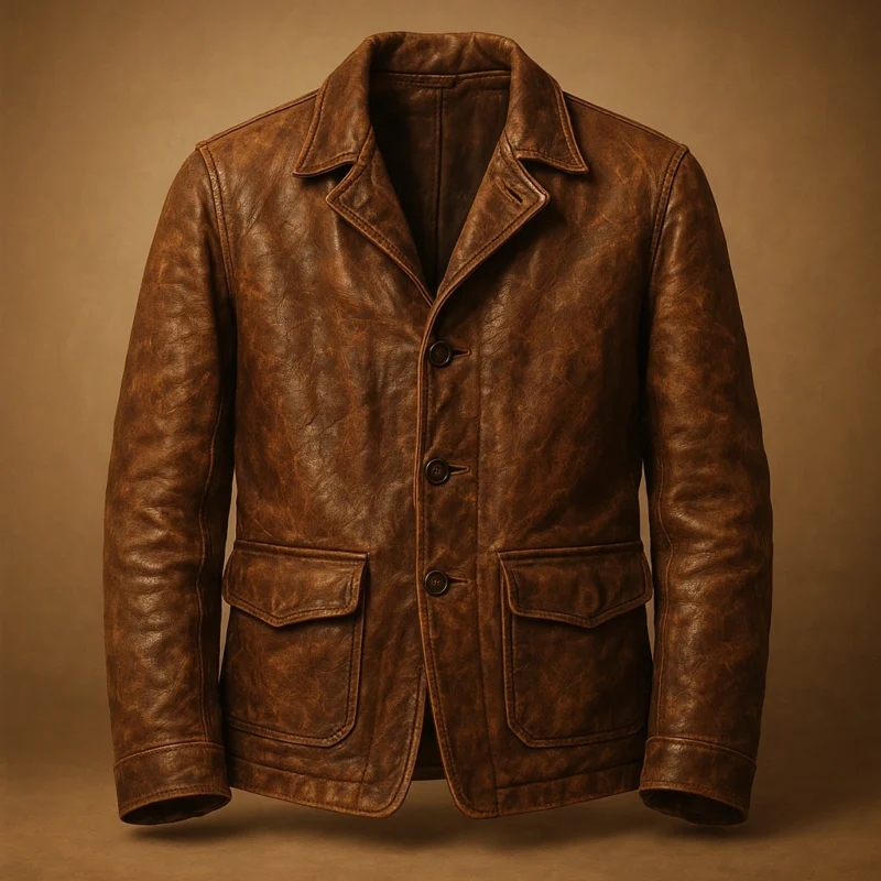 Vintage brown distressed leather jacket accompanying old polish and stupid consistency