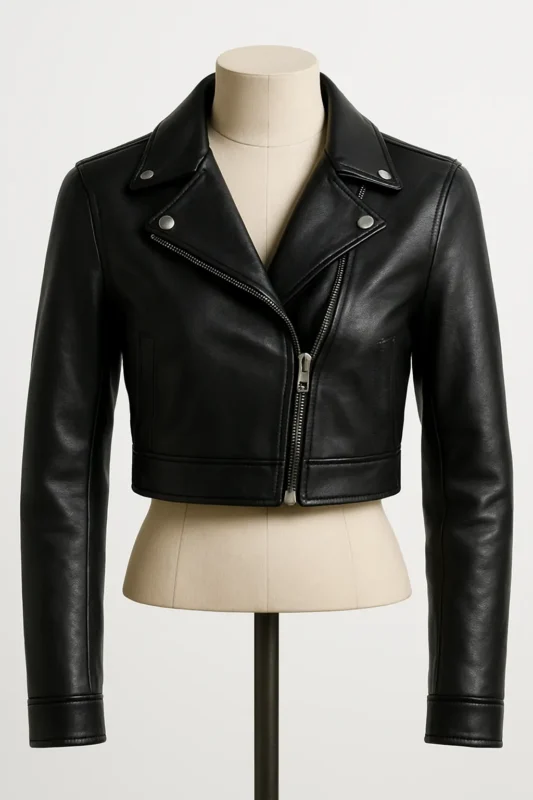 Front view of a cropped leather jacket appearance allure short midriff design