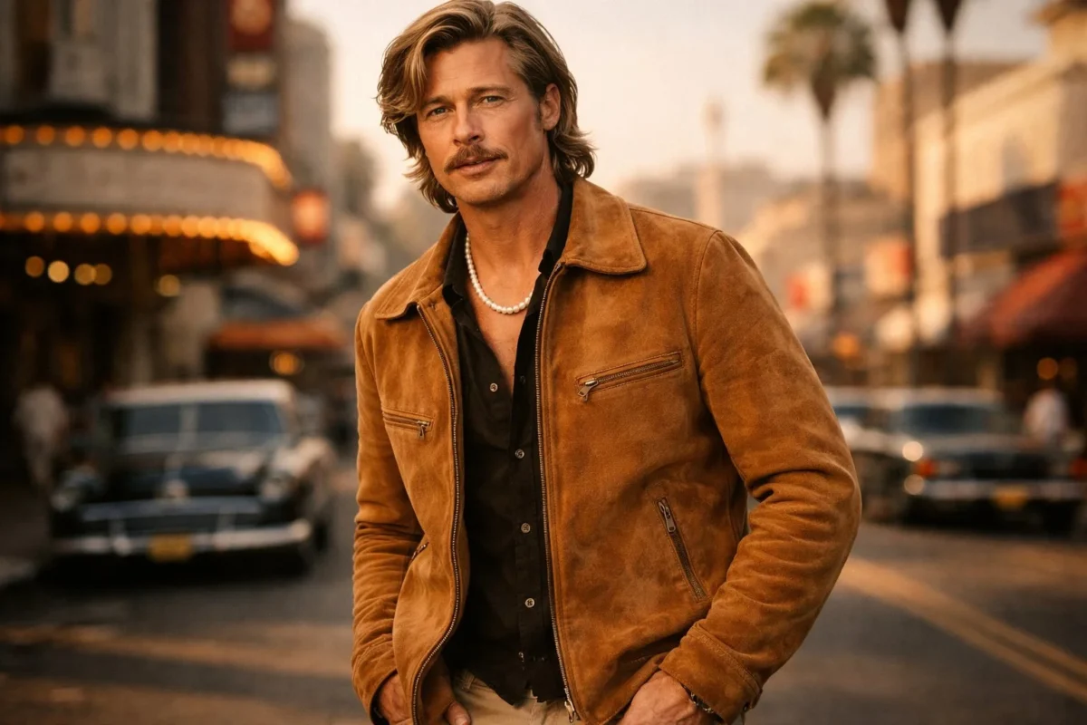 Brad Pitt The Adventures Of Cliff Booth 2026 suede jacket in cinematic Hollywood style