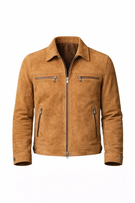 Front view of Brad Pitt The Adventures Of Cliff Booth 2026 suede jacket