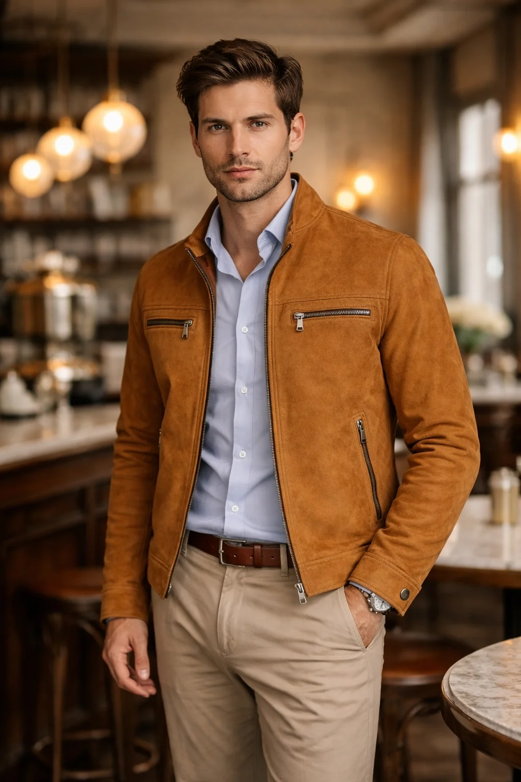 Street style outfit with Brad Pitt Cliff Booth 2026 suede jacket