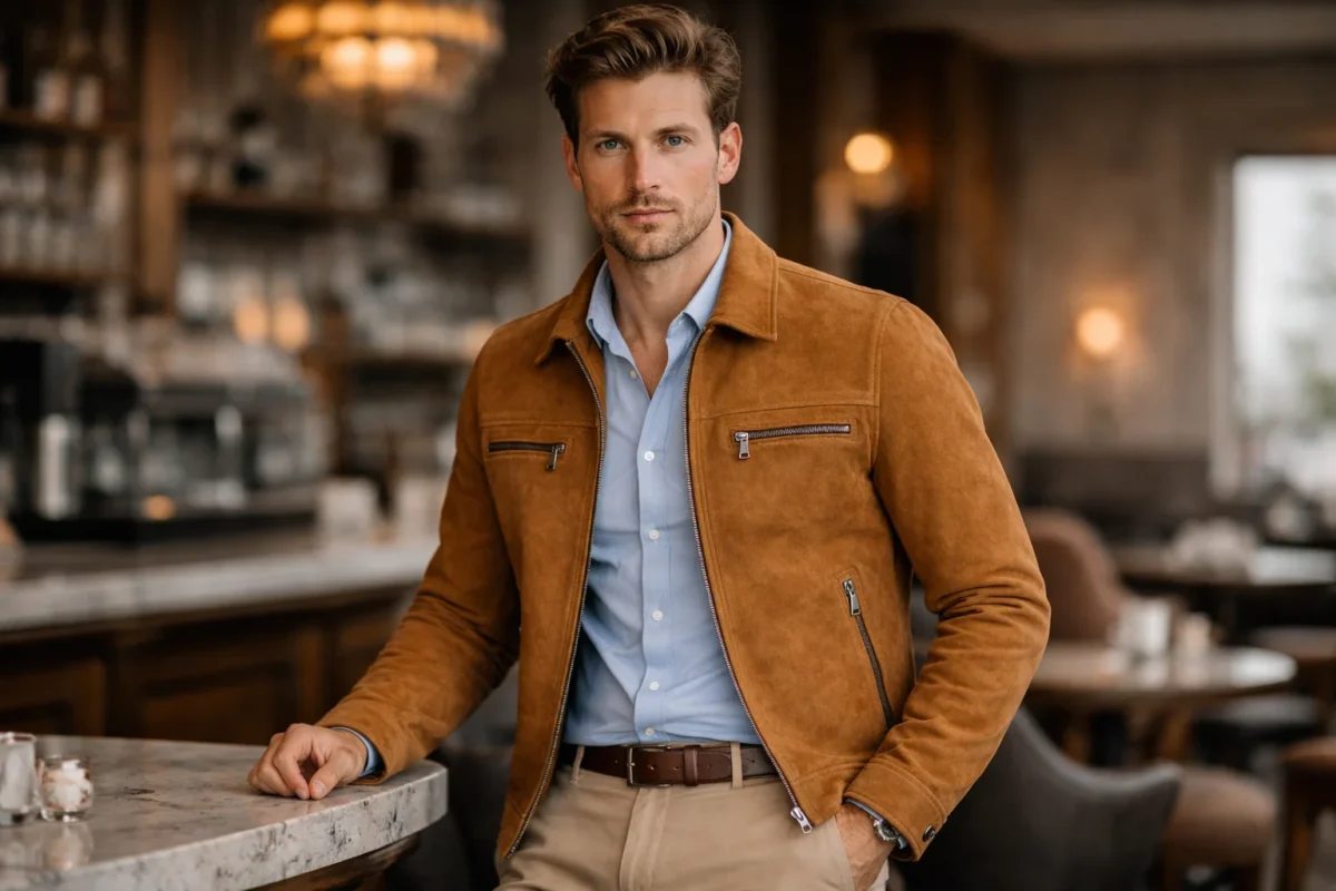 Smart casual outfit with Brad Pitt Cliff Booth suede jacket