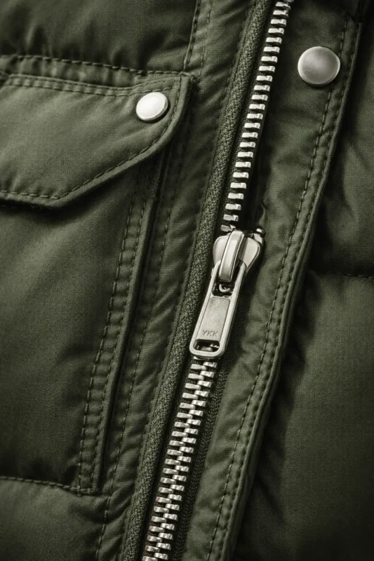 Pocket and zipper detail of Synden S01 green puffer jacket