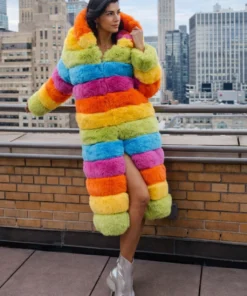 Elsbeth Carrie Preston Rainbow Faux Fur Coat