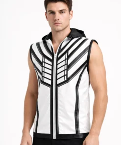 Men’s Black & White Hooded Leather Vest