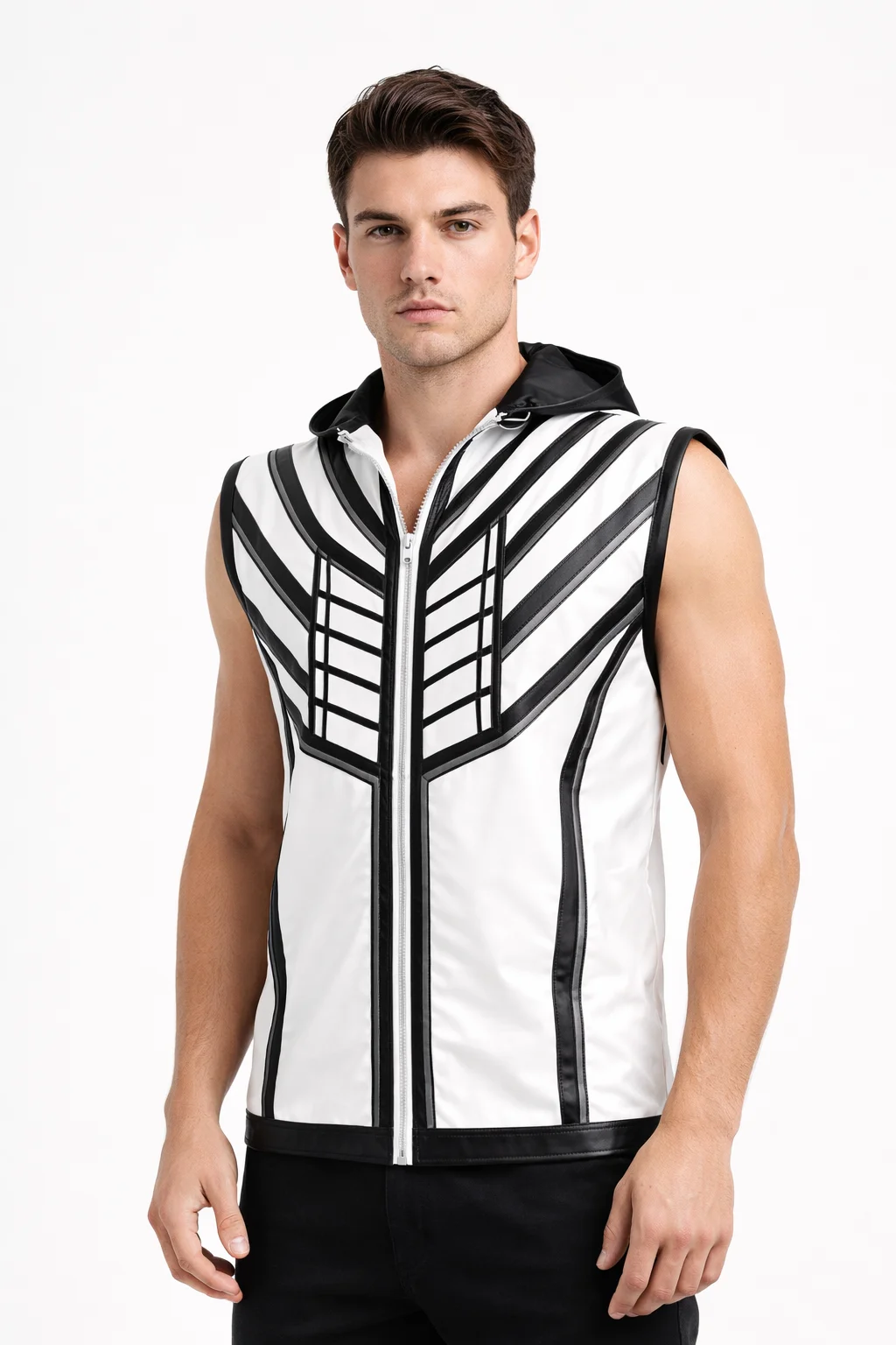 Men’s Black & White Hooded Leather Vest