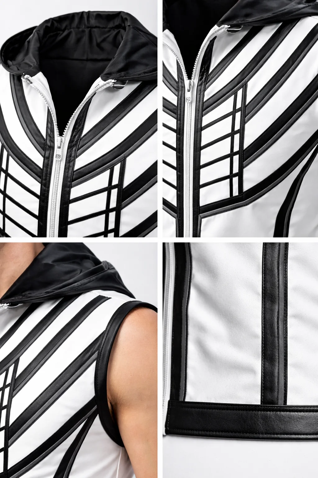 Men’s Black & White Hooded Leather Vest