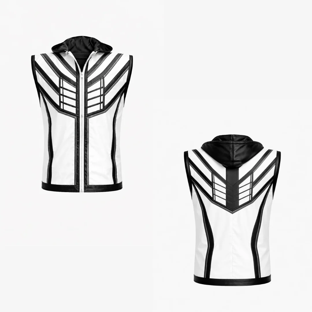 Men’s Black & White Hooded Leather Vest