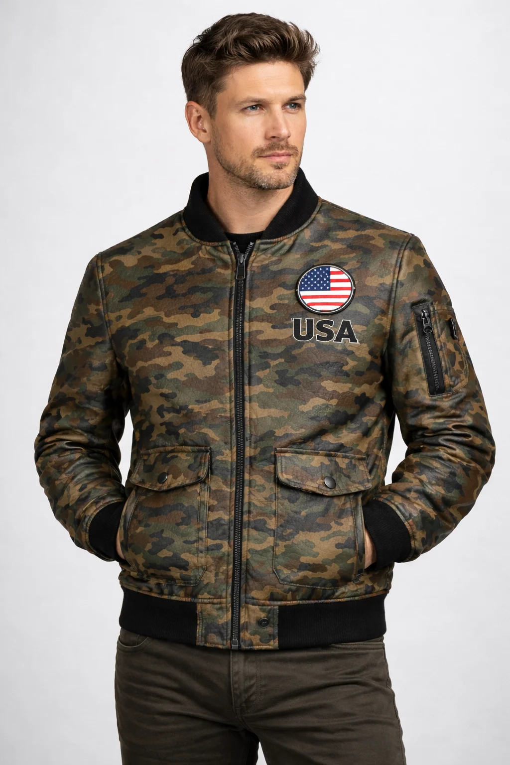 Men’s USA Flag Camouflage Bomber Jacket