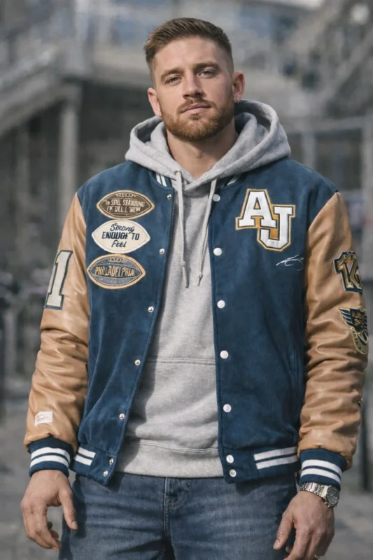 Philadelphia Eagles AJ Brown Varsity Jacket layered over a hoodie for relaxed fit