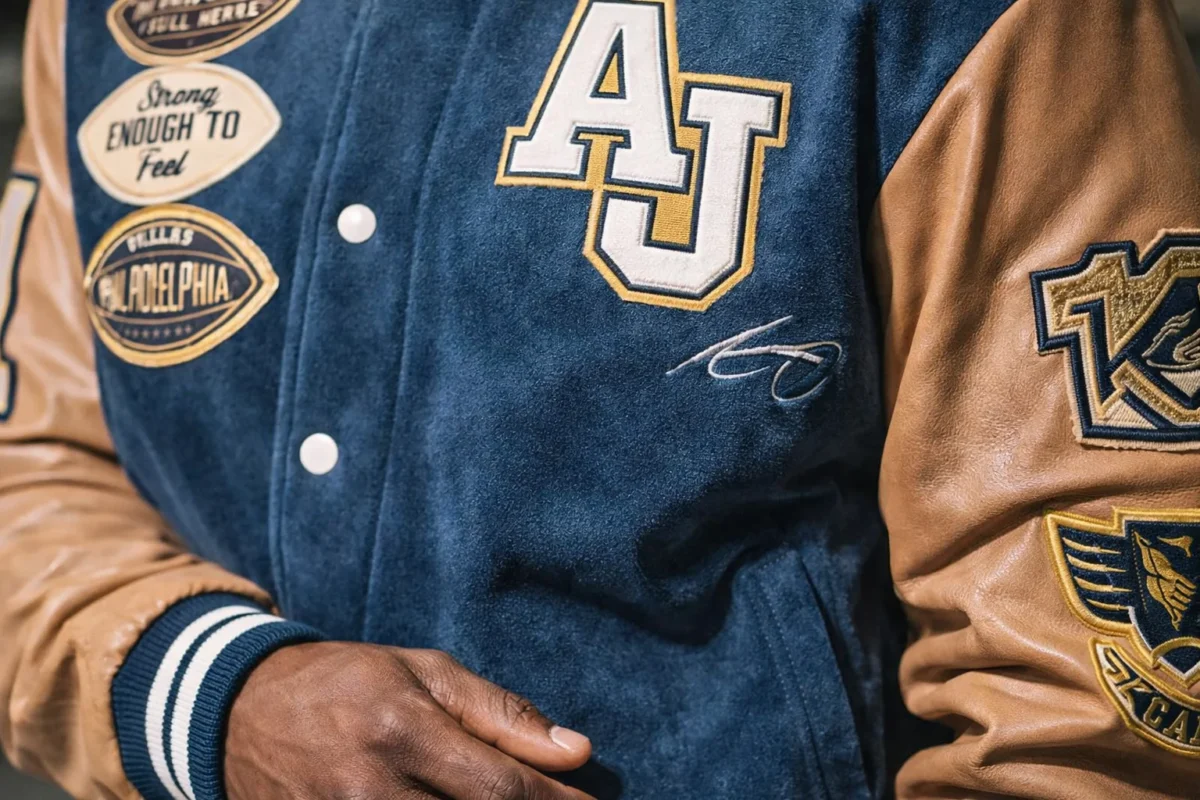 Close-up fabric and stitching details of Philadelphia Eagles AJ Brown Varsity Jacket
