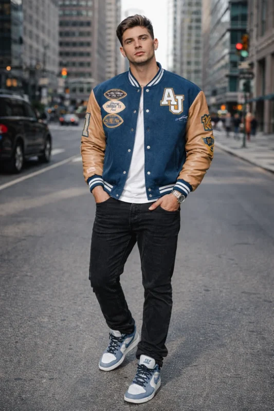 Full body outfit featuring Philadelphia Eagles AJ Brown Varsity Jacket with jeans and sneakers