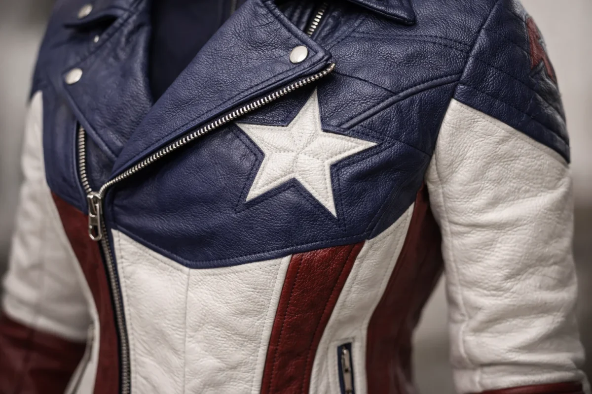 Close up leather texture and stitching of Women’s Captain America Leather Jacket