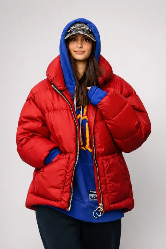 Emily Ratajkowski Puffer Jacket studio portrait