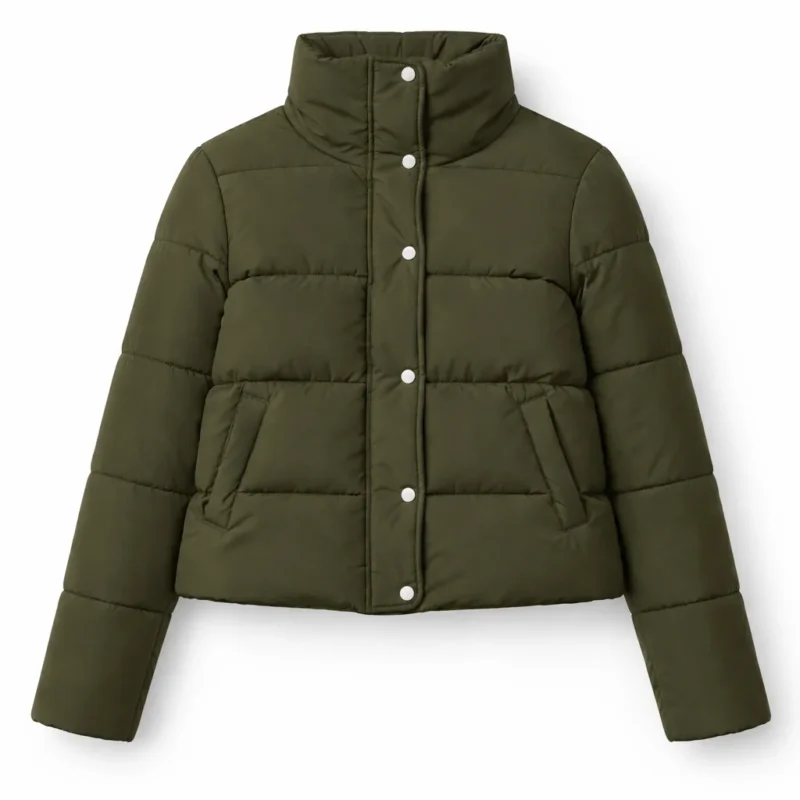 Gracewood Olive Puffer Jacket flat lay olive winter puffer jacket top view product photography