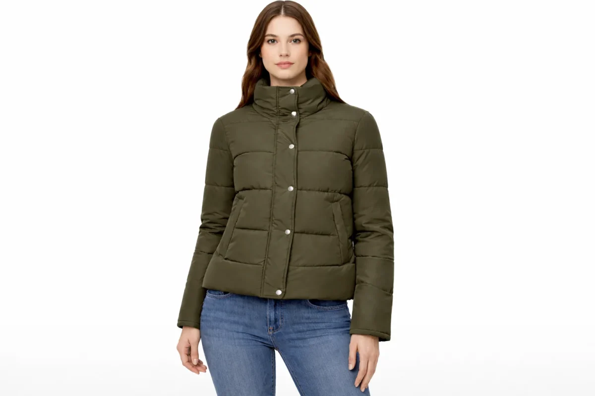 Gracewood Olive Puffer Jacket front view olive green winter puffer jacket lightweight insulated stylish cold weather outerwear