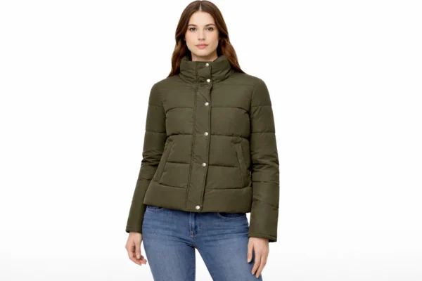 Gracewood Olive Puffer Jacket front view olive green winter puffer jacket lightweight insulated stylish cold weather outerwear