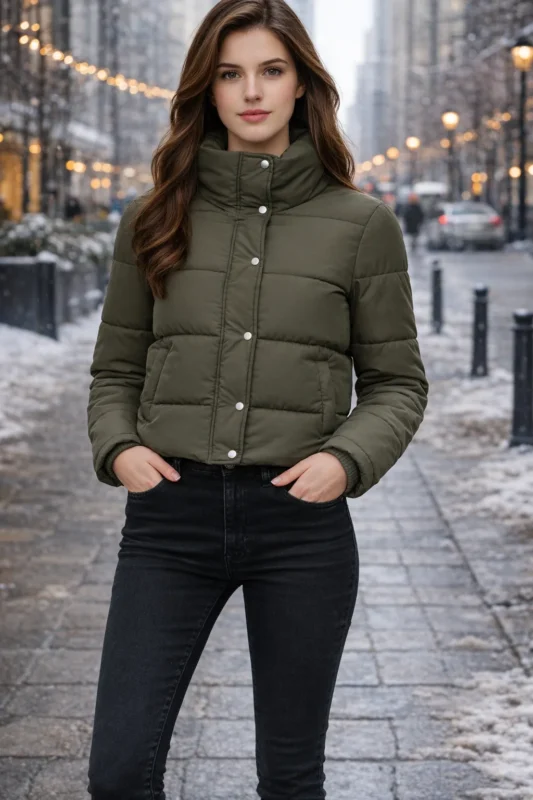 Gracewood Olive Puffer Jacket outfit styling olive puffer jacket with black jeans winter street fashion look
