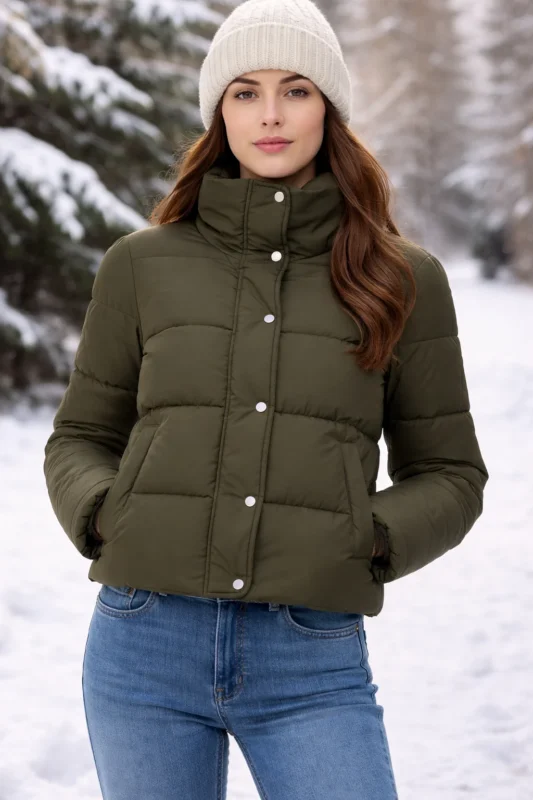 Gracewood Olive Puffer Jacket winter lifestyle outdoor wear olive green puffer jacket street style cold weather outfit