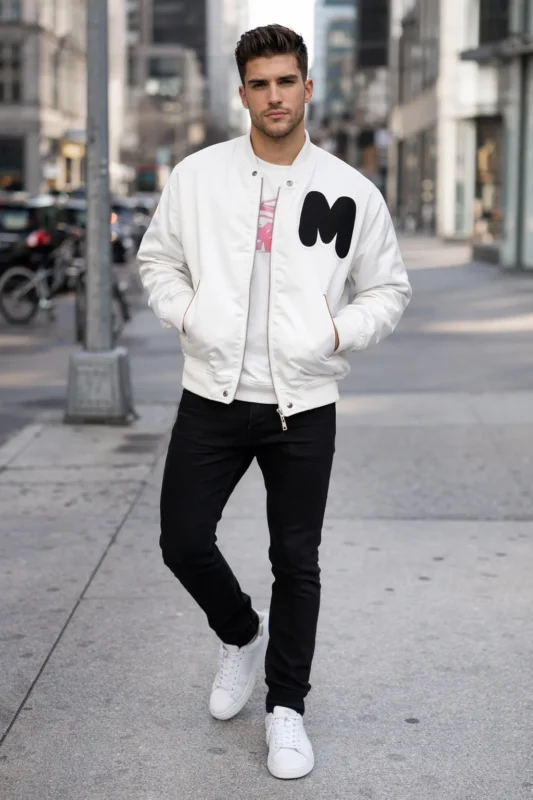 Man styling Marshmello White Bomber Jacket with black jeans
