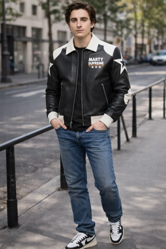 Marty Supreme Black Bomber Jacket styled casually with jeans