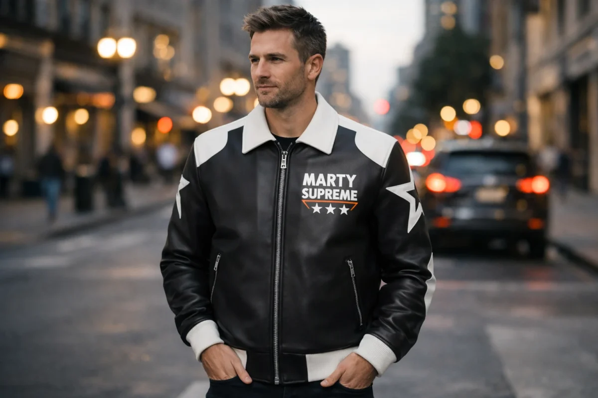 Marty Supreme Black Bomber Jacket worn in a modern city street look