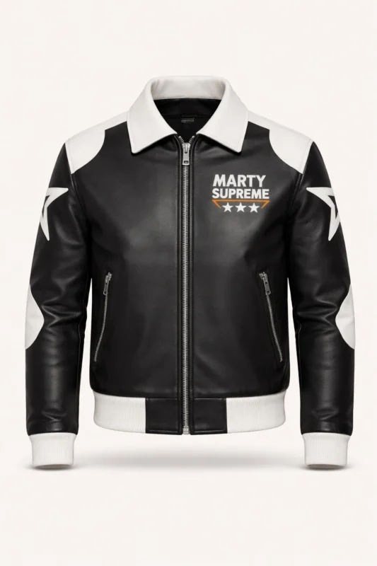 Front view of Marty Supreme Black Bomber Jacket showing clean design