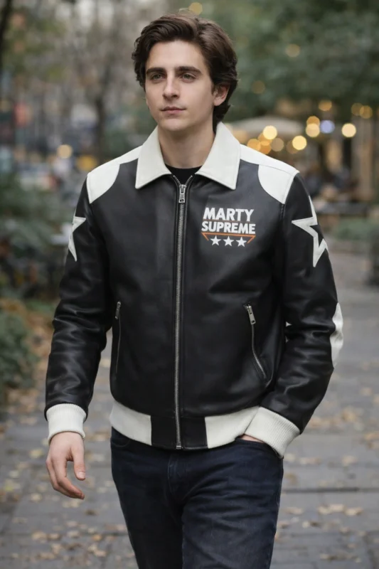 Marty Supreme Black Bomber Jacket worn in real outdoor conditions
