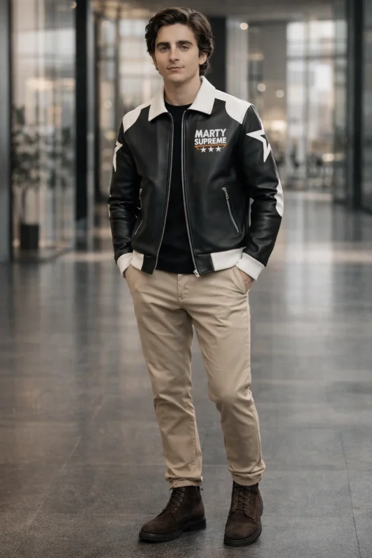 Marty Supreme Black Bomber Jacket styled in a smart casual outfit