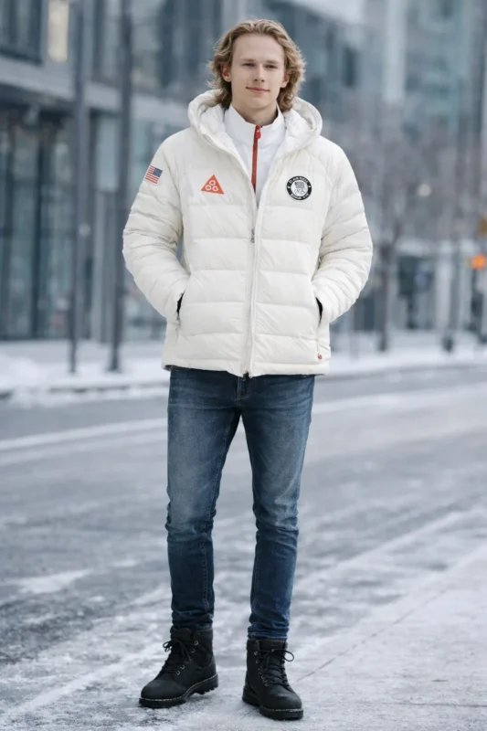 Street style look featuring Milan Cortina Winter Olympics Ilia Malinin Jacket paired with jeans and winter boots