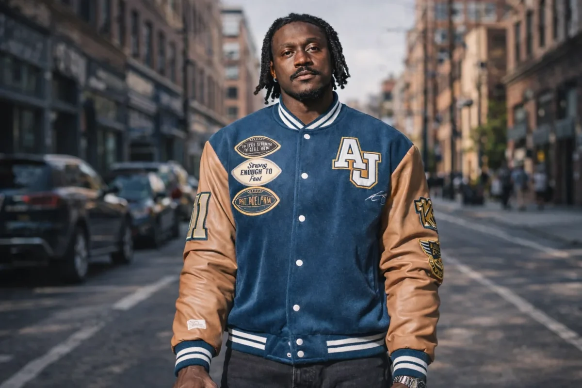 Philadelphia Eagles AJ Brown Varsity Jacket worn by a model in an urban lifestyle setting
