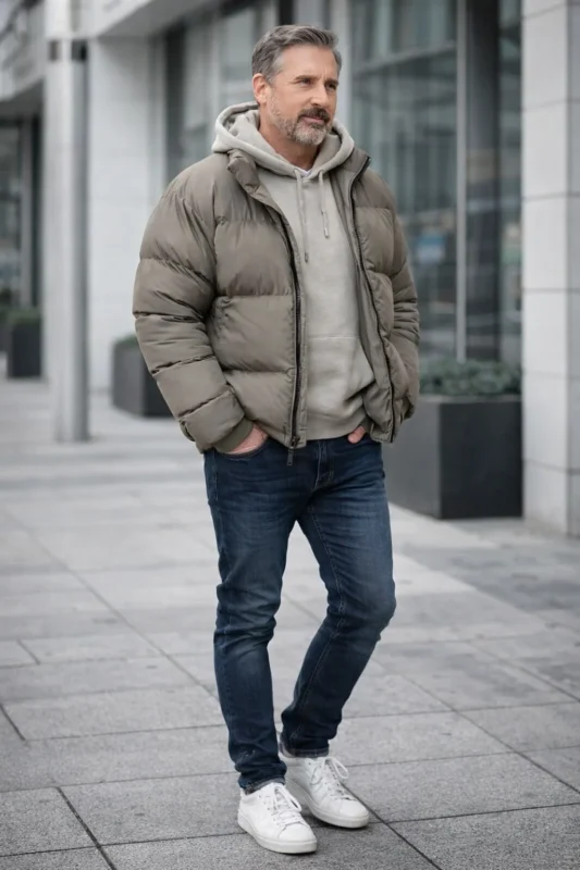 Casual outfit with Rooster Steve Carell puffer jacket and jeans