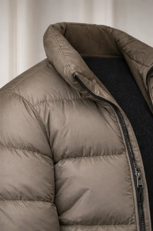 Close up quilting and collar detail of Rooster puffer jacket