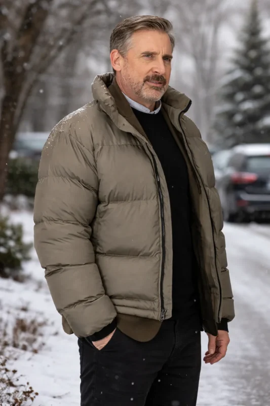 Rooster puffer jacket worn in cold winter outdoor setting