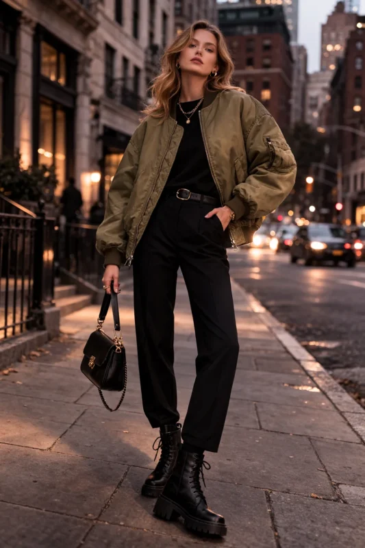 Woman styling Steal 2026 Sophie Turner Bomber Jacket with tailored trousers