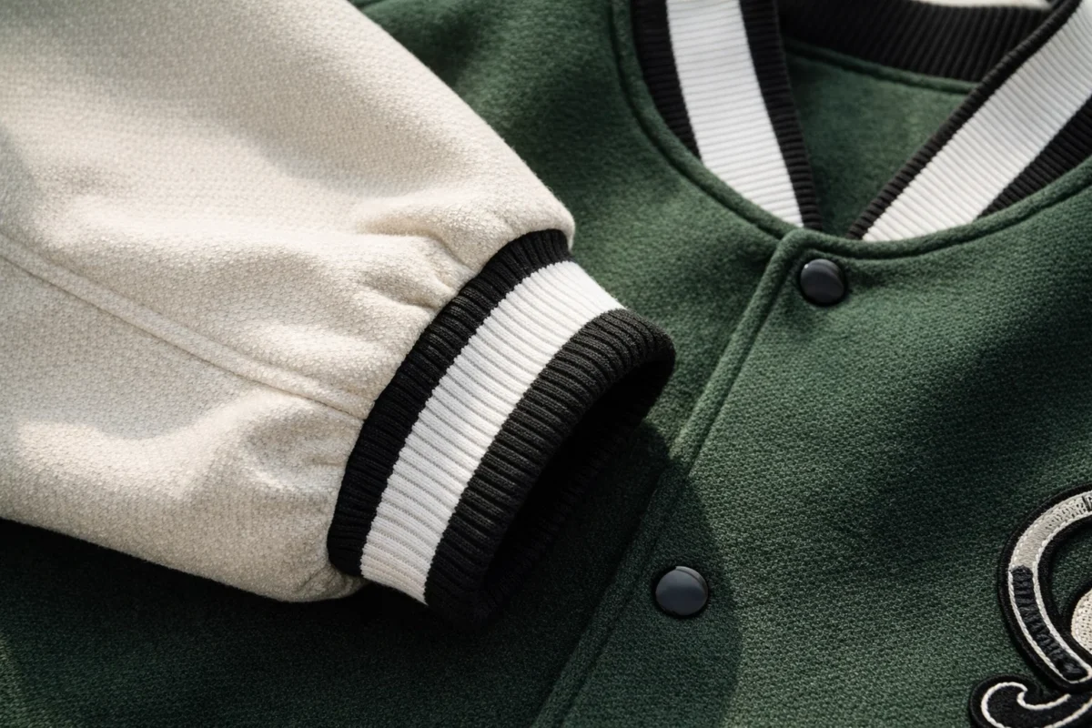 Close-up detail of green varsity jacket ribbed cuffs and stitching