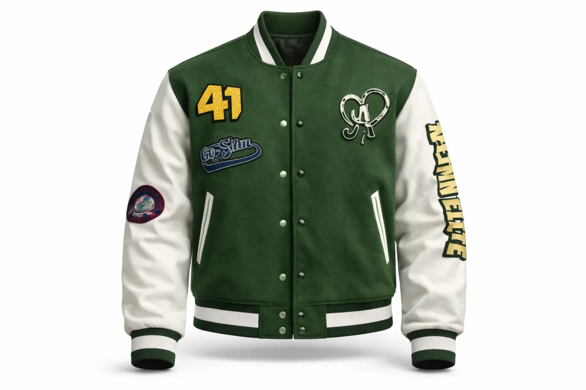 The Traitors US S04 Green Varsity Jacket front view with white sleeves