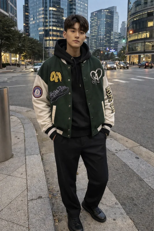 Green varsity jacket styled with black trousers and hoodie for street style