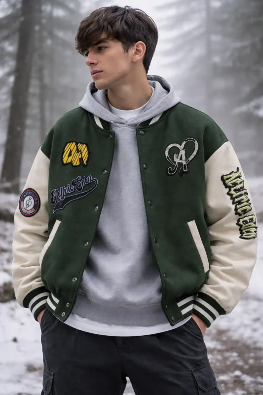 Green varsity jacket layered over sweatshirt in cold weather