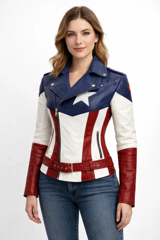 Proper fit example of Women’s Captain America Leather Jacket