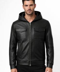 Black Leather Zip-Up Hoodie