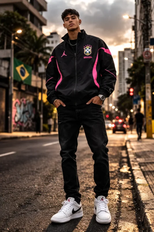 Fifa World Cup 2026 Nike × Jordan Brazil Anthem Jacket styled in streetwear outfit