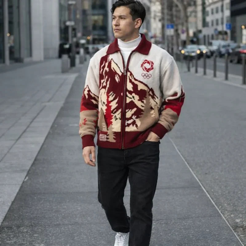Street style outfit with Jackie Chan Winter Olympics 2026 jacket