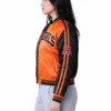 Material: Satin Fabric Inner: Viscose Lining Front: Snap-Tab Button Closure Sleeves: Long Sleeves Collar: Ribbed Style Cuffs: Ribbed Style Color: Orange Pockets: Two Outside and One Inside