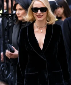 Jessica Chastain NYC 2026 Black Velvet Blazer